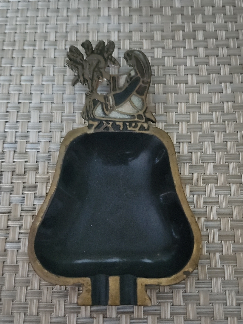 Vintage Mid-Century Israeli Brass & Black Enamel Trinket Dish / Ashtray